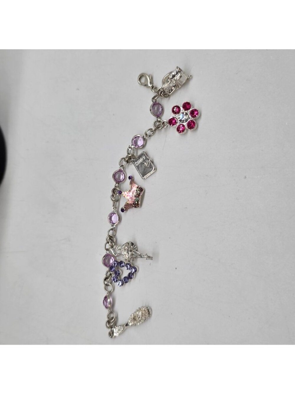 Princess-Themed Charms Bracelet Silver Tone With Pink & Purple Stones & - Picture 7 of 11